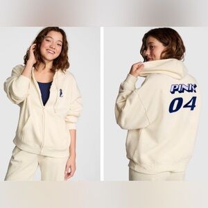Victoria’s Secret PINK Ivy Fleece Campus Full Zip Hoodie White Shell w/ Dog